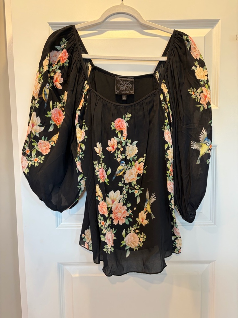 Johnny Was Floral Black Peasant Blouse with Puff Sleeves